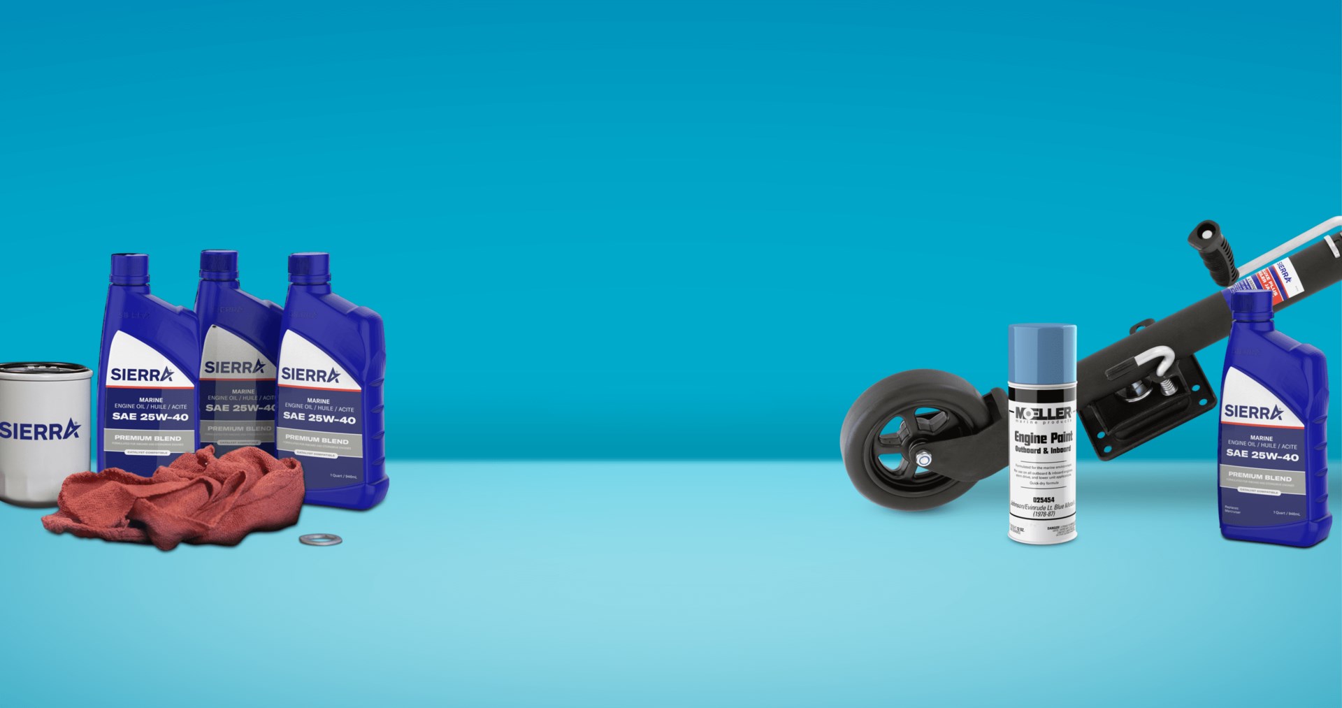 A collection of Sierra products, including marine engine oil, filters, engine spray paint, and a trailer jack, against a light blue background